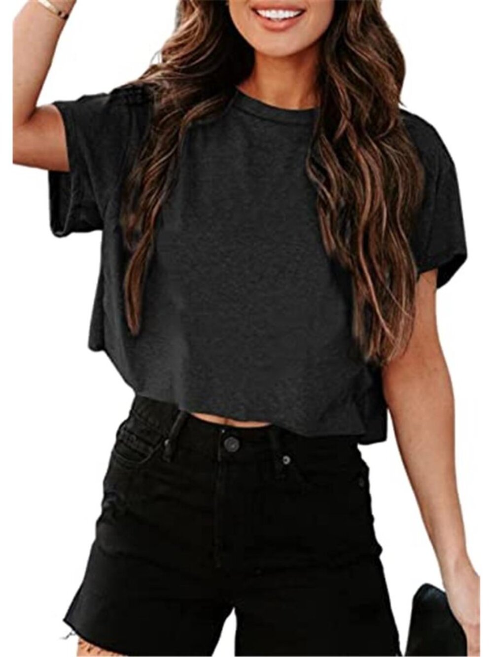 Womens Cropped T Shirt Drop Shoulder Crew Neck Loose Fit Summer Crop Top